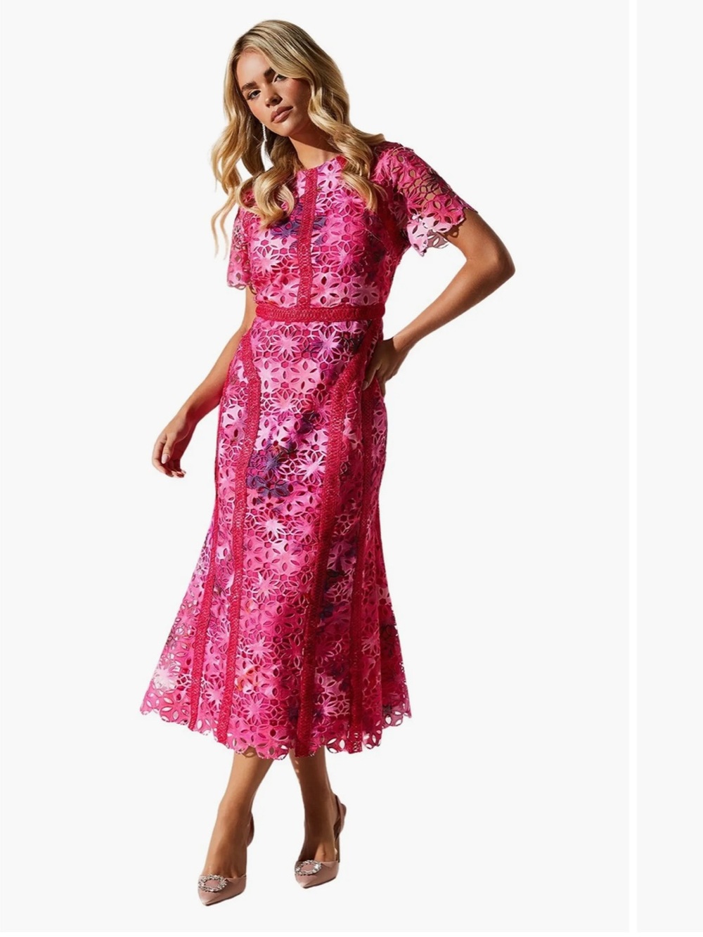 Coast Women's Petite Printed Lace Midi Pink Floral Lace Midi Dress -